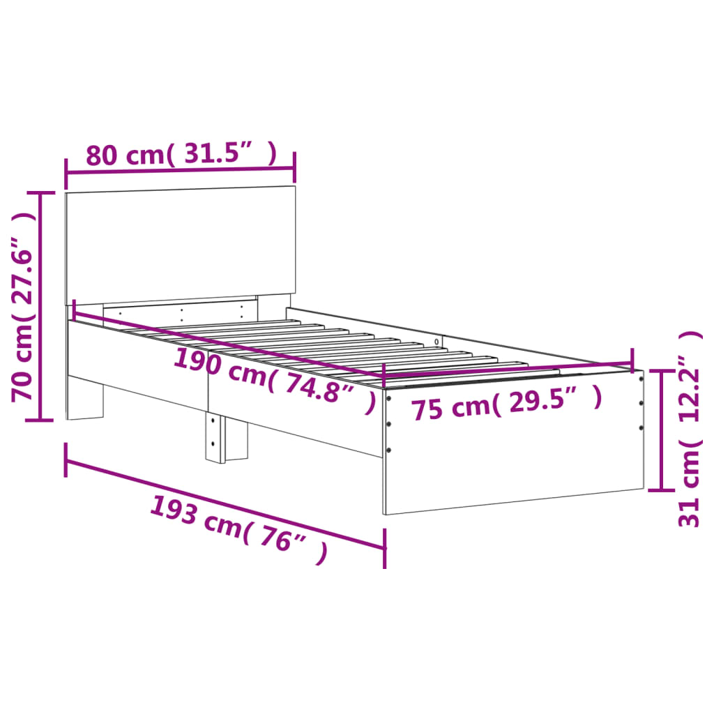 vidaXL Rama łóżka z wezgłowiem i LED, szary dąb sonoma, 75x190 cm