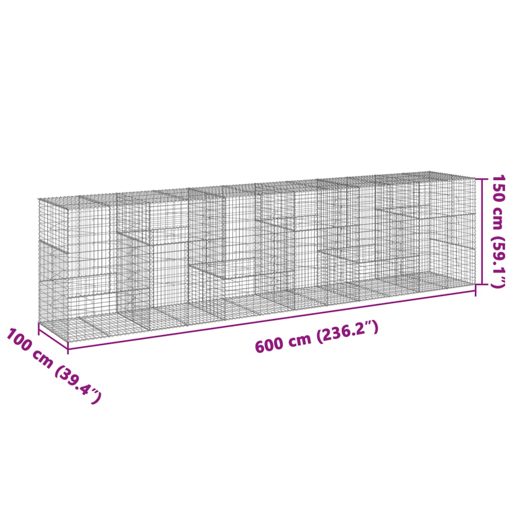 vidaXL Kosz gabionowy z pokrywą, 600x100x150 cm, galwanizowane żelazo