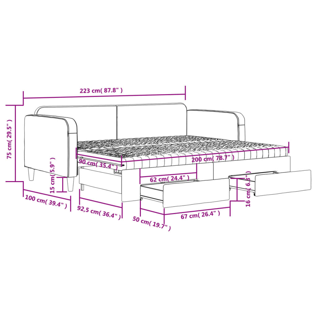 vidaXL Sofa rozsuwana z szufladami, ciemnoszara, 90x200 cm, tkanina