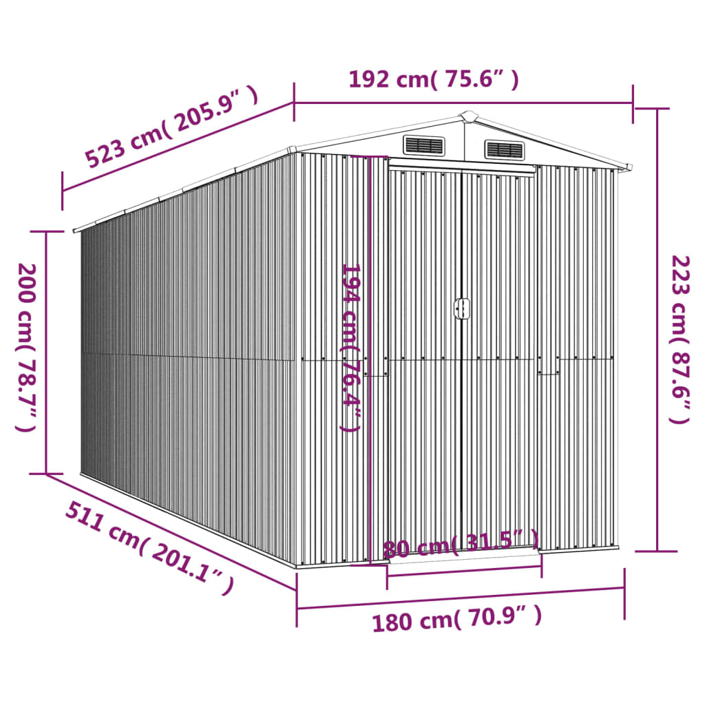 vidaXL Szopa ogrodowa, antracytowa, 192x523x223 cm, stal galwanizowana