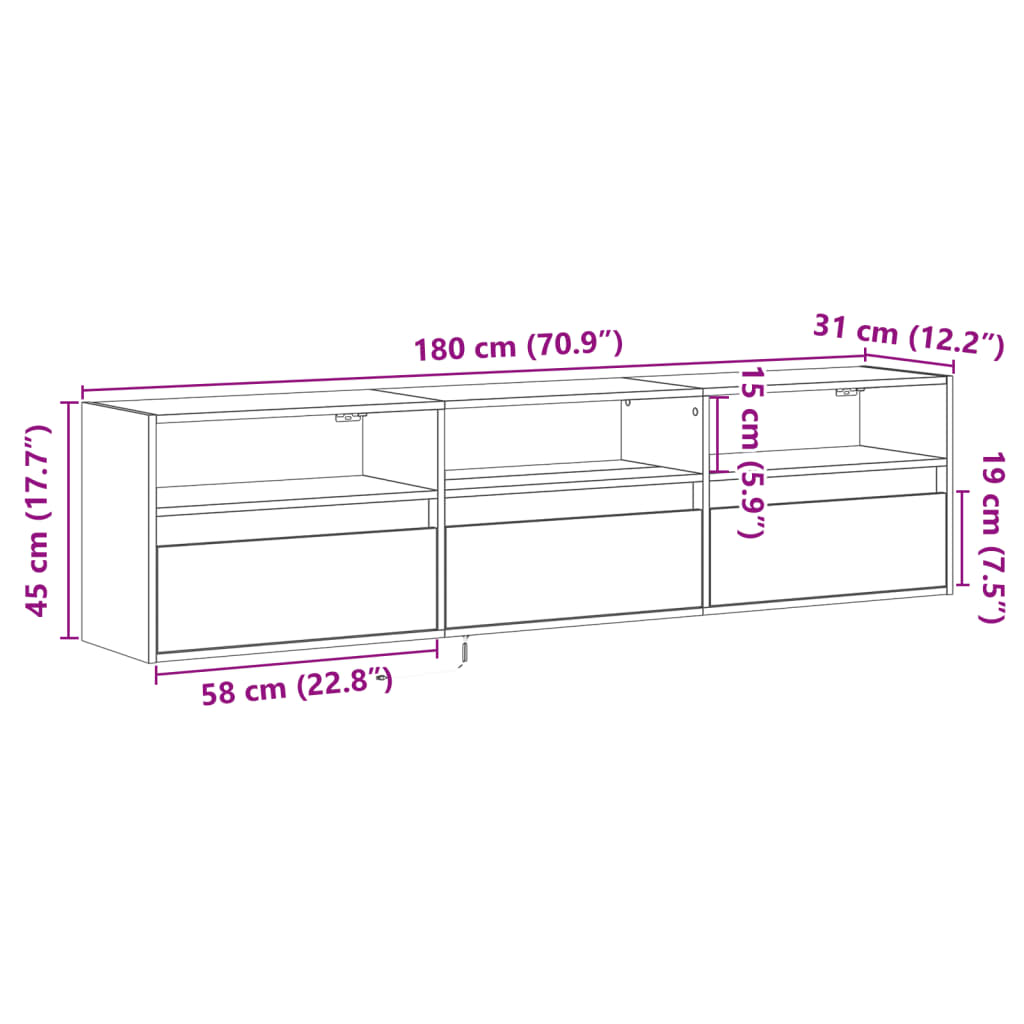 vidaXL Ścienna szafka pod TV, z LED, szary dąb sonoma, 180x31x45 cm