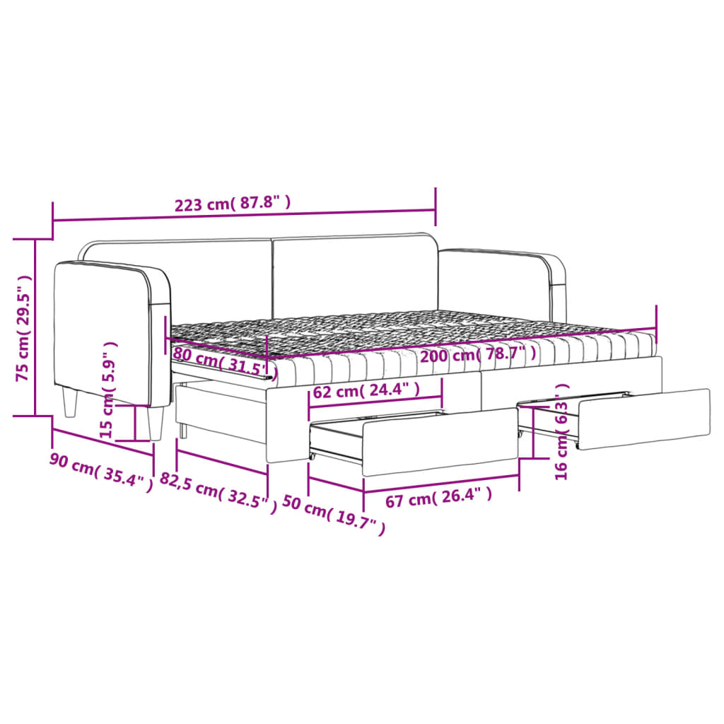 vidaXL Sofa rozsuwana z szufladami, ciemnoszara, 80x200 cm, tkanina