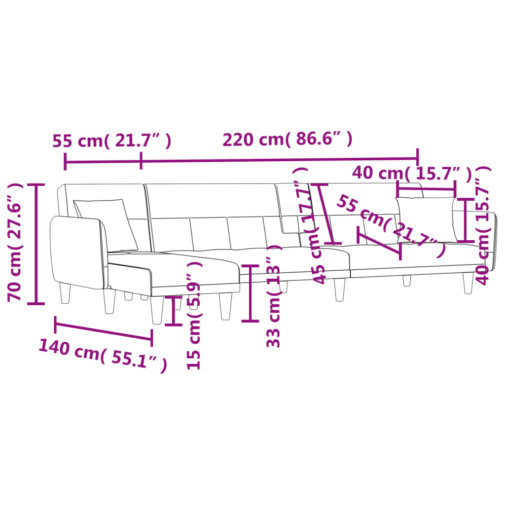 vidaXL Sofa rozkładana L, ciemnoszara, 275x140x70 cm, tkanina