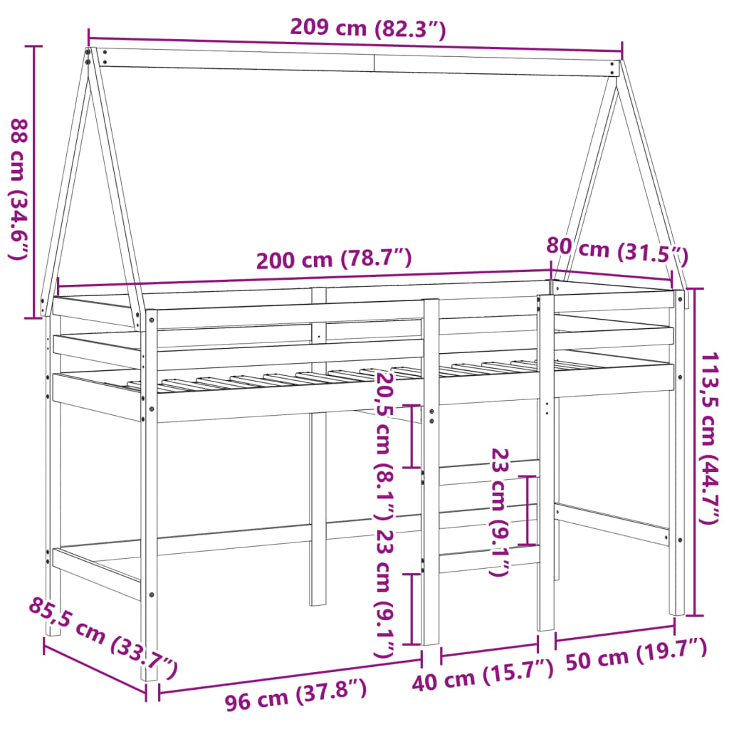 vidaXL Łóżko na antresoli, z drabiną i dachem, białe, 80x200 cm, sosna