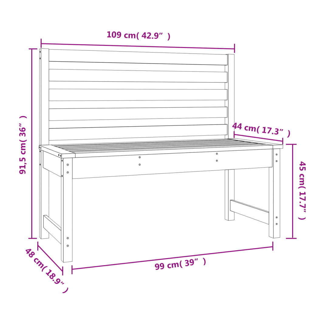 vidaXL Ławka ogrodowa, 109 cm, lite drewno sosnowe