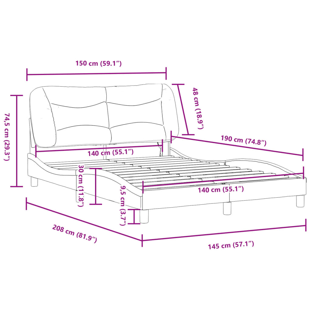 vidaXL Rama łóżka z LED, szara, 140x190 cm, sztuczna skóra