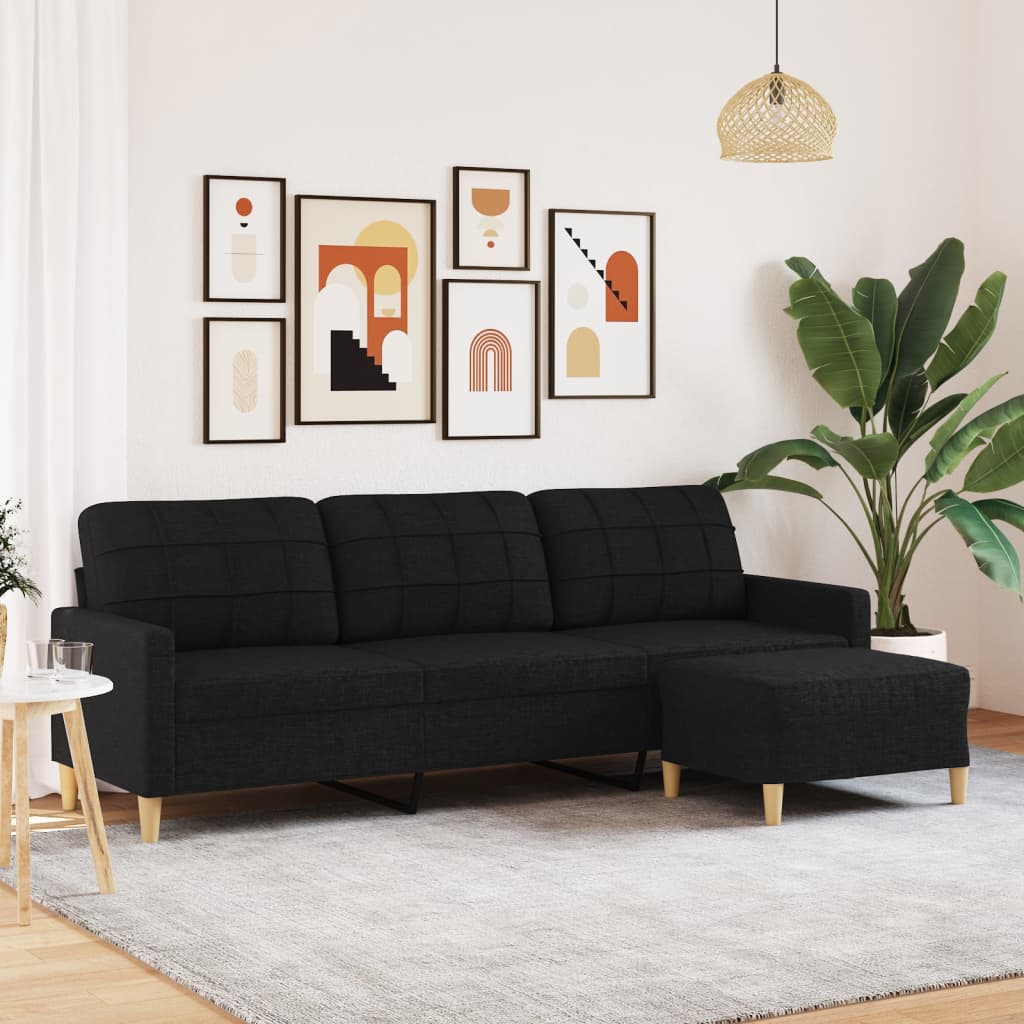 vidaXL 3-osobowa sofa z podnóżkiem, czarna, 210 cm, tkaniną