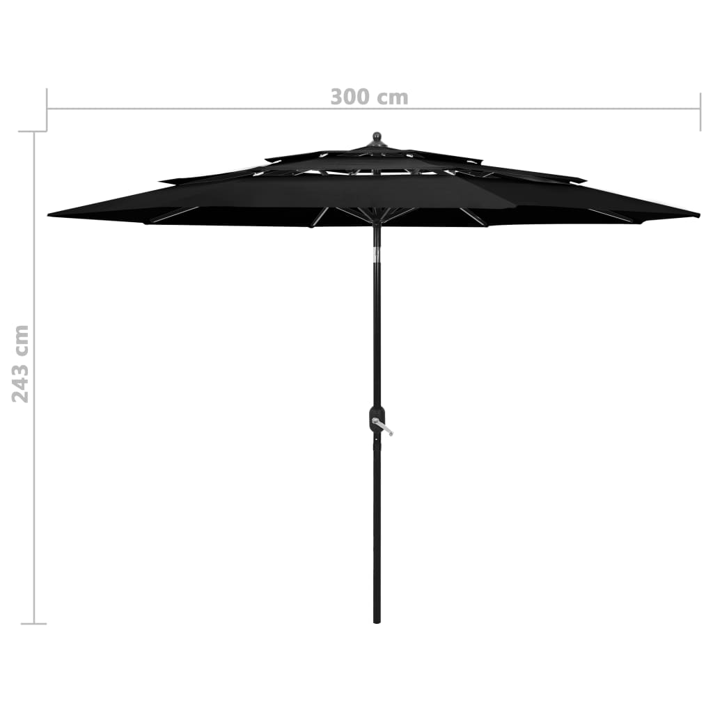 vidaXL 3-poziomowy parasol na aluminiowym słupku, czarny, 3 m