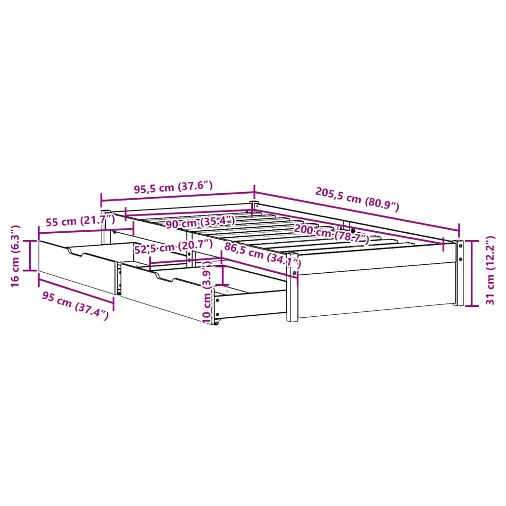 vidaXL Rama łóżka bez materaca, biała, 90x200 cm, lite drewno sosnowe