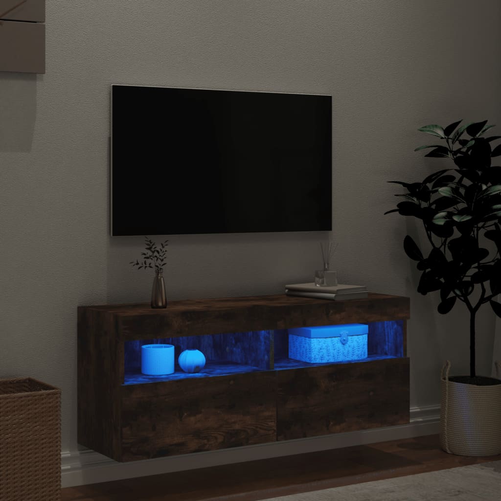 vidaXL Ścienna szafka TV z LED, przydymiony dąb, 100x30x40 cm