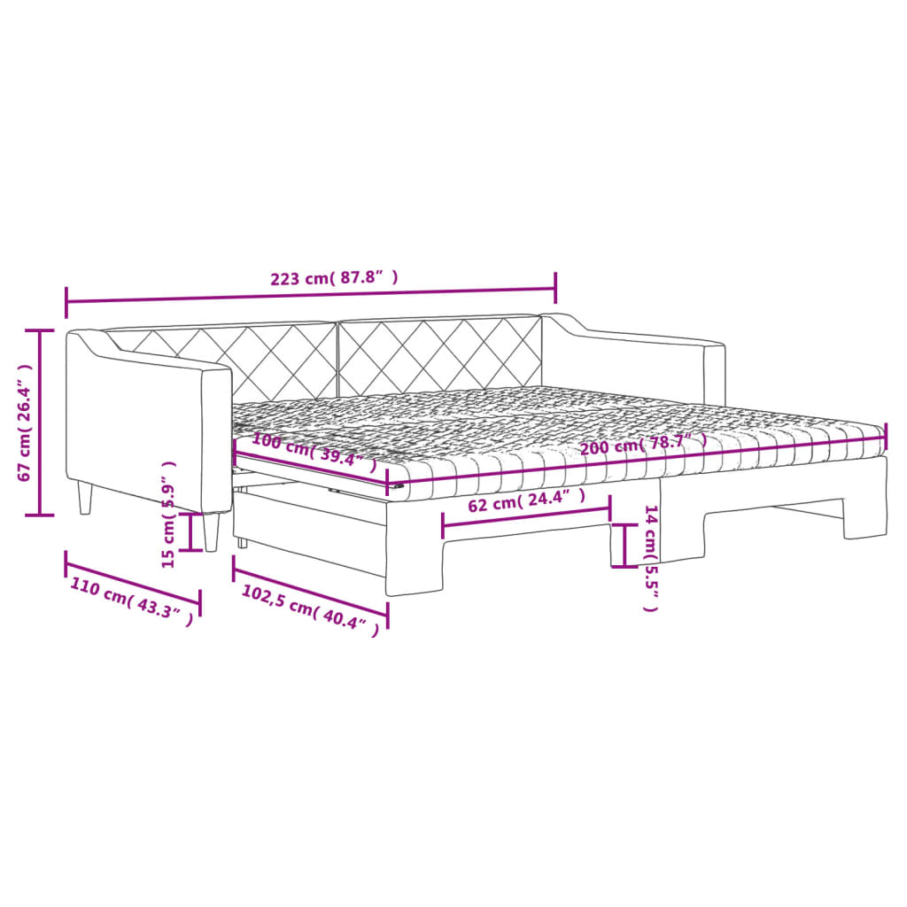 vidaXL Sofa rozsuwana z materacami, kremowa, 100x200 cm, tkanina