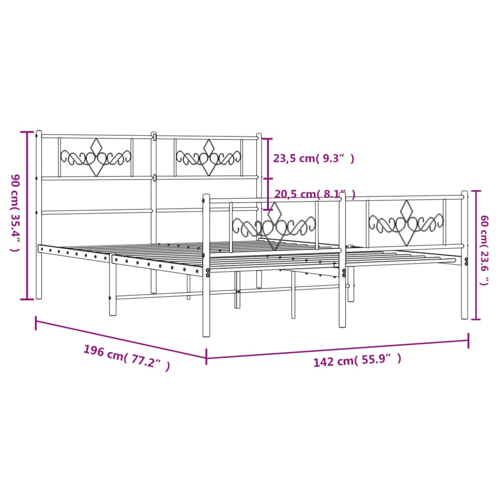 vidaXL Metalowa rama łóżka z wezgłowiem i zanóżkiem, czarna, 135x190cm