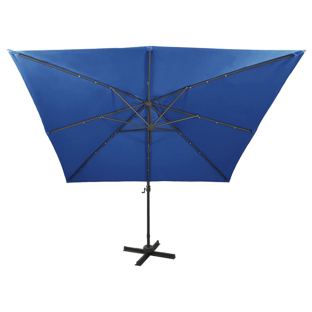 vidaXL Parasol wiszący z LED i słupkiem, niebieski, 300 cm