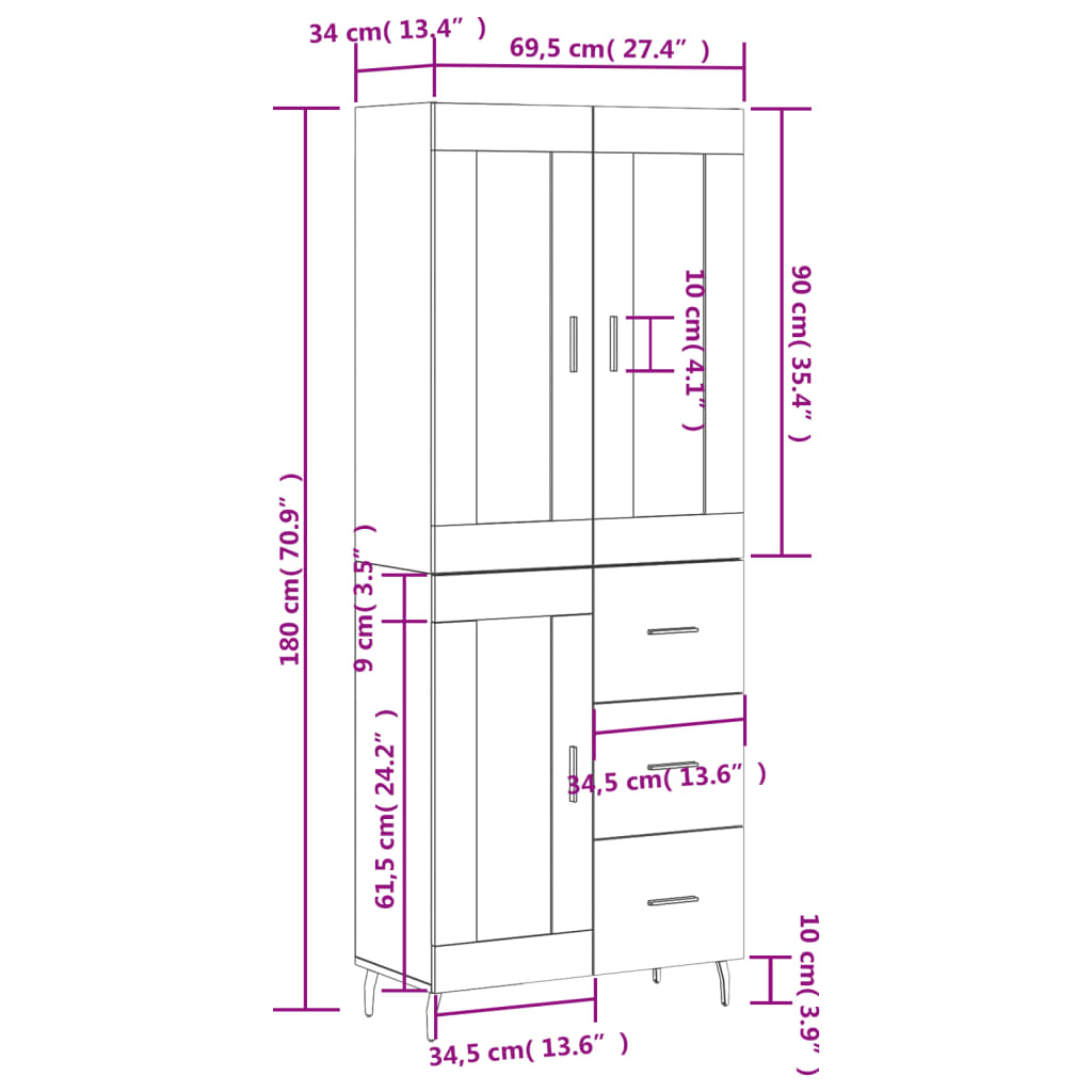 vidaXL Witrynka biała połysk 69,5x34x180 cm materiał drewnopochodny