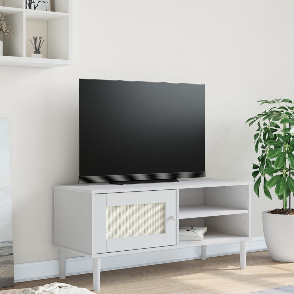 vidaXL Szafka TV SENJA, z plecionką, biała, 106x40x49 cm, sosnowa