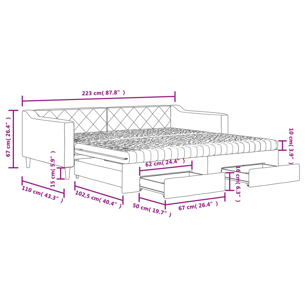 vidaXL Sofa rozsuwana z szufladami, jasnoszara, 100x200 cm, tkanina