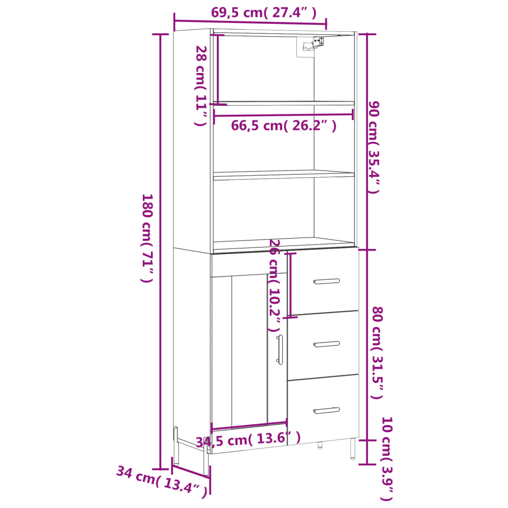 vidaXL Witrynka, dąb sonoma, 69,5x34x180 cm, materiał drewnopochodny