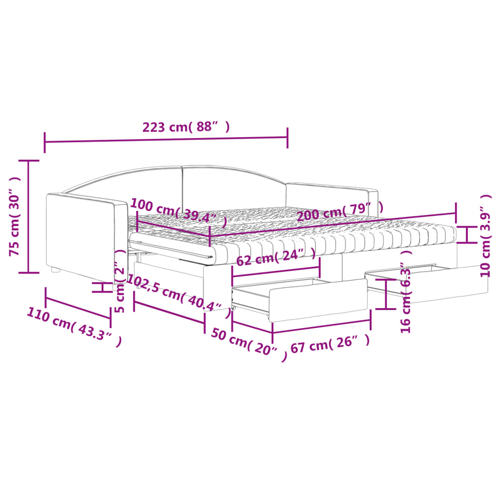 vidaXL Sofa rozsuwana z szufladami, jasnoszara, 100x200 cm, tkanina