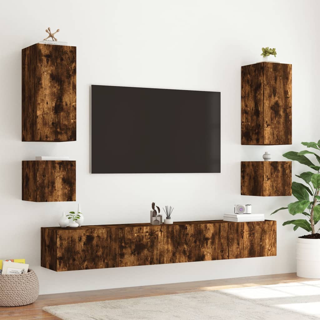 vidaXL Ścienne szafki TV z LED, 2 szt., przydymiony dąb, 40,5x35x40 cm