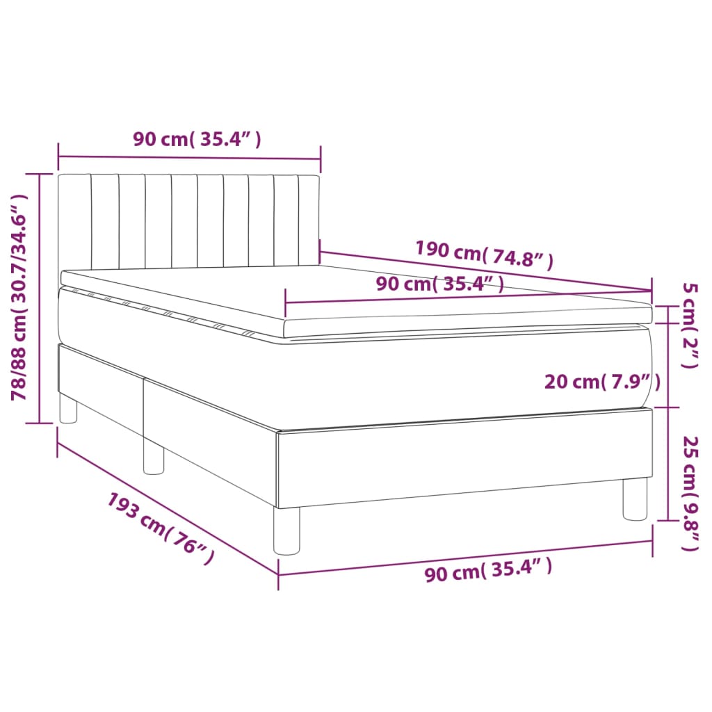 vidaXL Łóżko kontynentalne z materacem i LED, czarny aksamit 90x190 cm