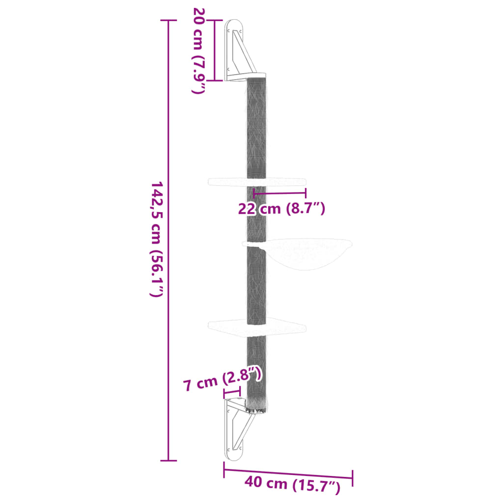 vidaXL Ścienne drzewko dla kota z drapakiem, ciemnoszare, 142,5 cm