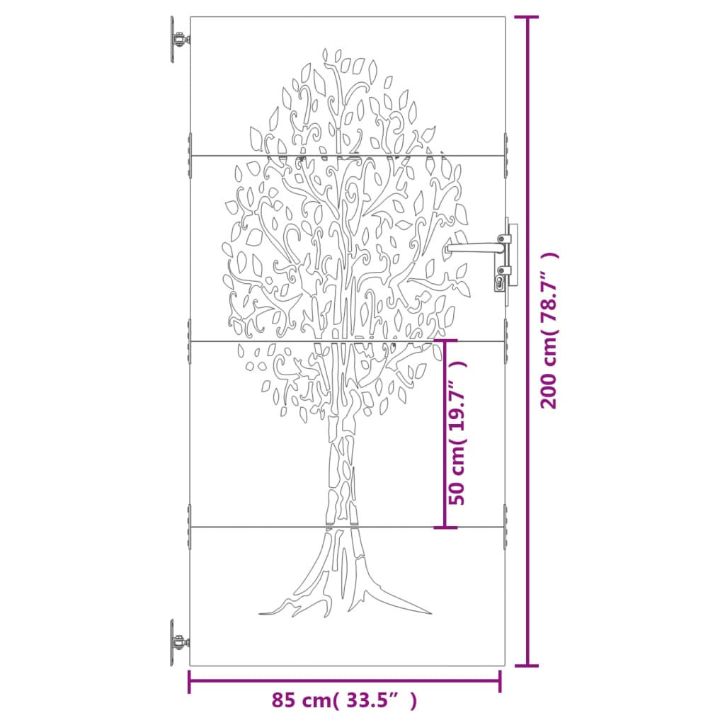 vidaXL Furtka ogrodowa, 85x200 cm, stal kortenowska, motyw drzewa