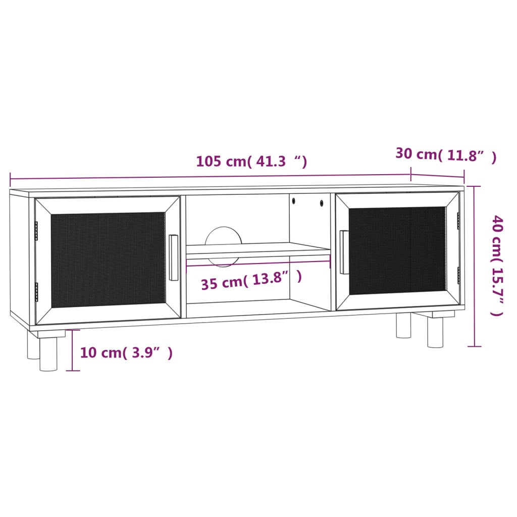 vidaXL Stolik pod TV, biały, 105x30x40 cm, drewno sosnowe i rattan