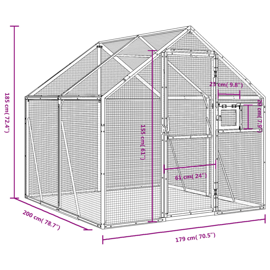 vidaXL Woliera, srebrna, 1,79x2x1,85 m, aluminium