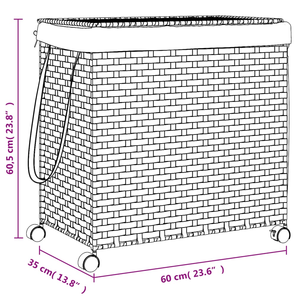 vidaXL Kosz na pranie z kółkami, czarny, 60x35x60,5 cm, rattan