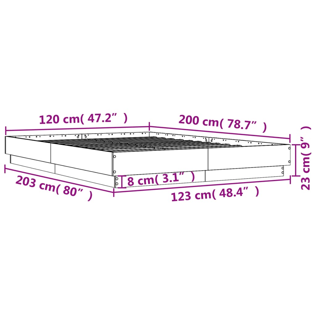 vidaXL Rama łóżka z oświetleniem LED, dąb sonoma, 120x200 cm