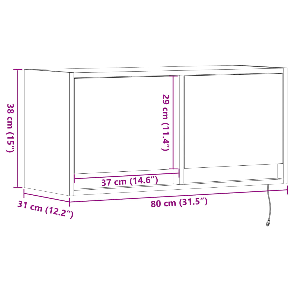 vidaXL Ścienna szafka TV z LED, brązowy dąb, 80x31x35 cm