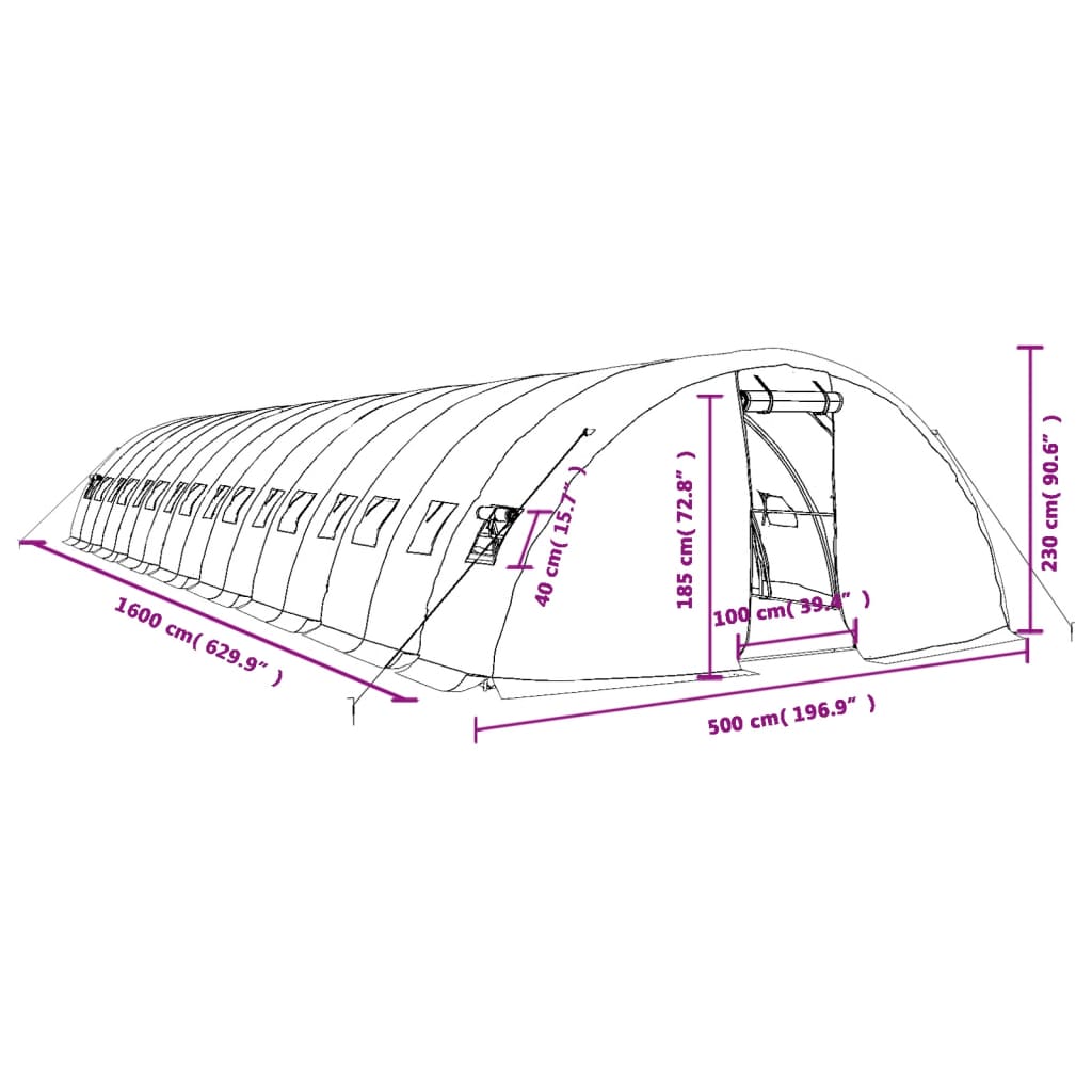 vidaXL Szklarnia ze stalową ramą, zielona, 80 m², 16x5x2,3 m