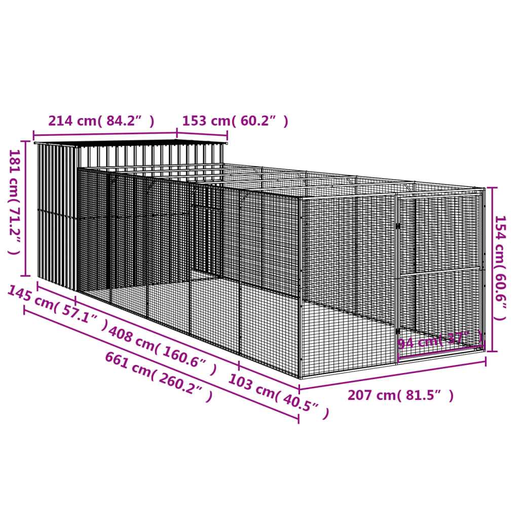 vidaXL Buda dla psa, z wybiegiem, antracytowa, 214x661x181 cm, stal