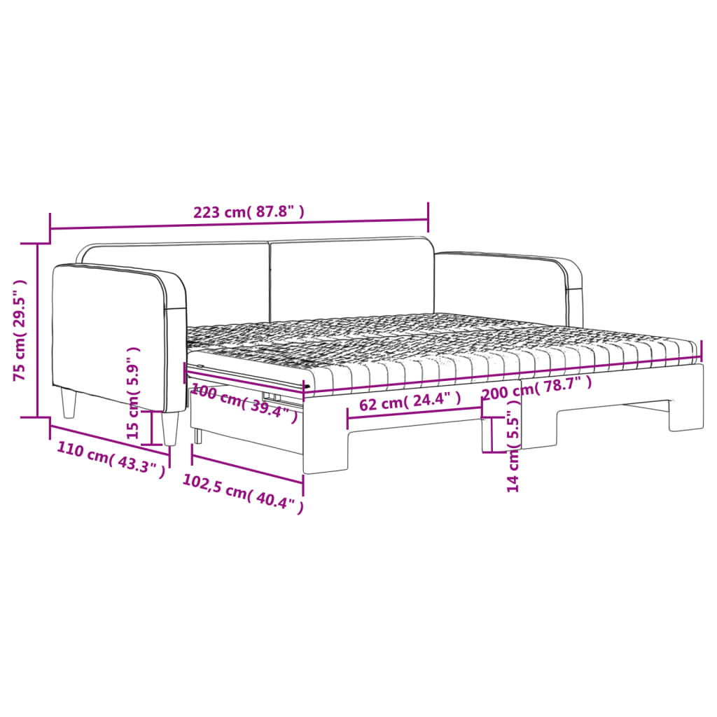 vidaXL Sofa rozsuwana z materacami, czarna, 100x200 cm, tkanina