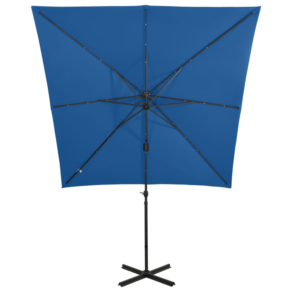 vidaXL Parasol wiszący z LED i słupkiem, niebieski, 250 cm