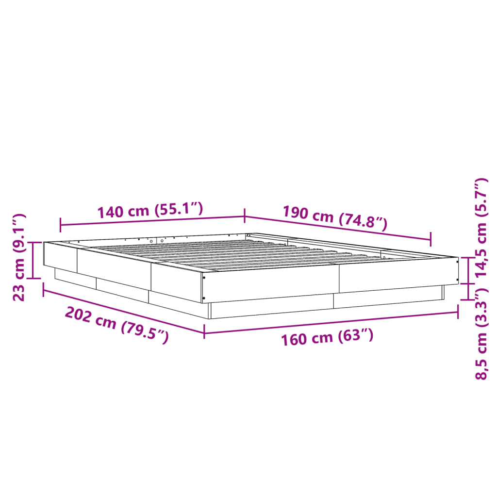 vidaXL Rama łóżka z LED, brązowy dąb, 140x190 cm