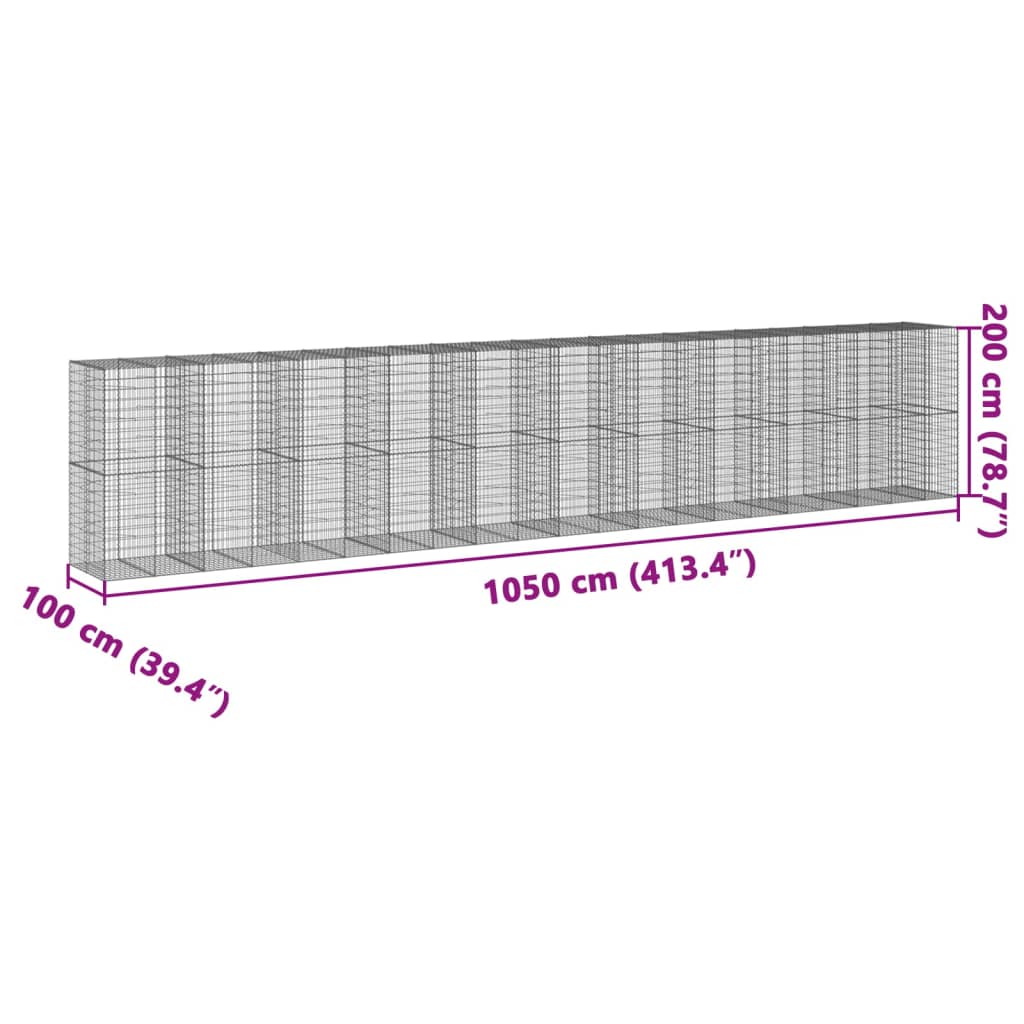 vidaXL Kosz gabionowy z pokrywą, 1050x100x200 cm, galwanizowane żelazo