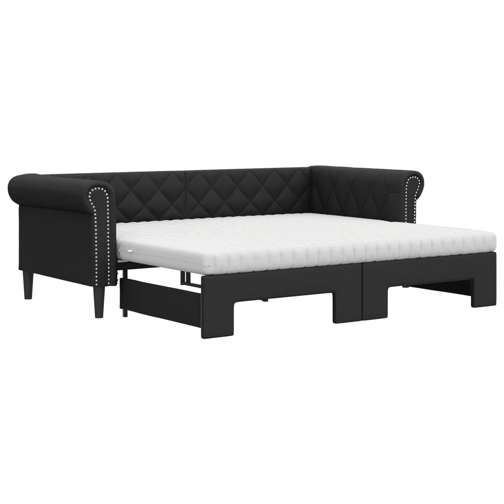 vidaXL Sofa rozsuwana z materacami, czarna, 90x200 cm, ekoskóra