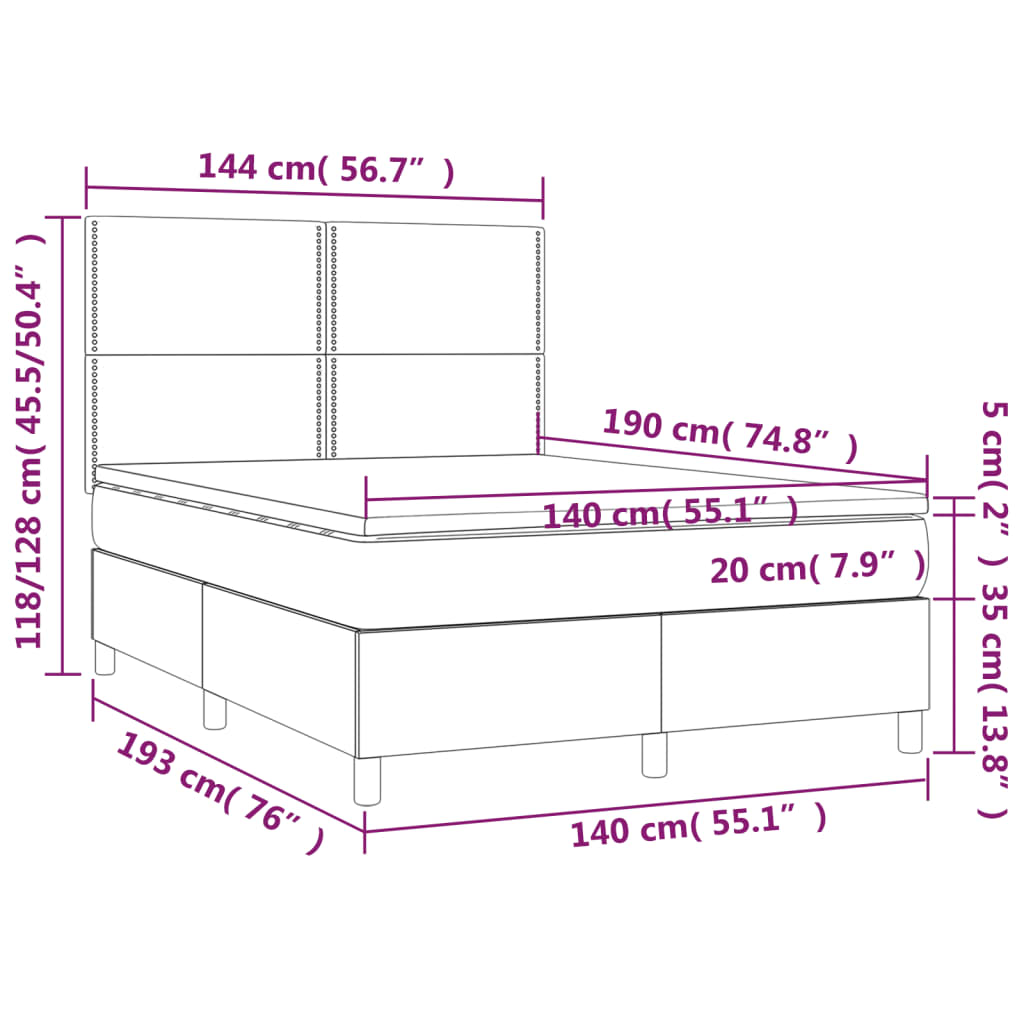 vidaXL Łóżko kontynentalne, materac i LED, niebieski aksamit 140x190cm