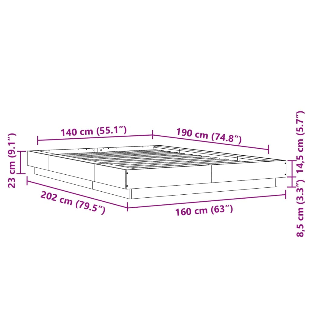 vidaXL Rama łóżka z LED, szarość betonu, 140x190 cm