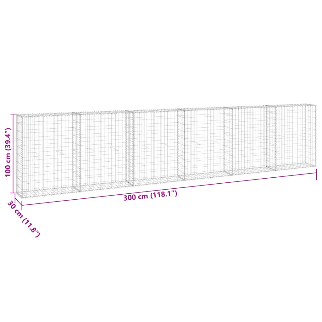 vidaXL Ściana gabionowa z pokrywami, galwanizowana stal, 300x30x100 cm