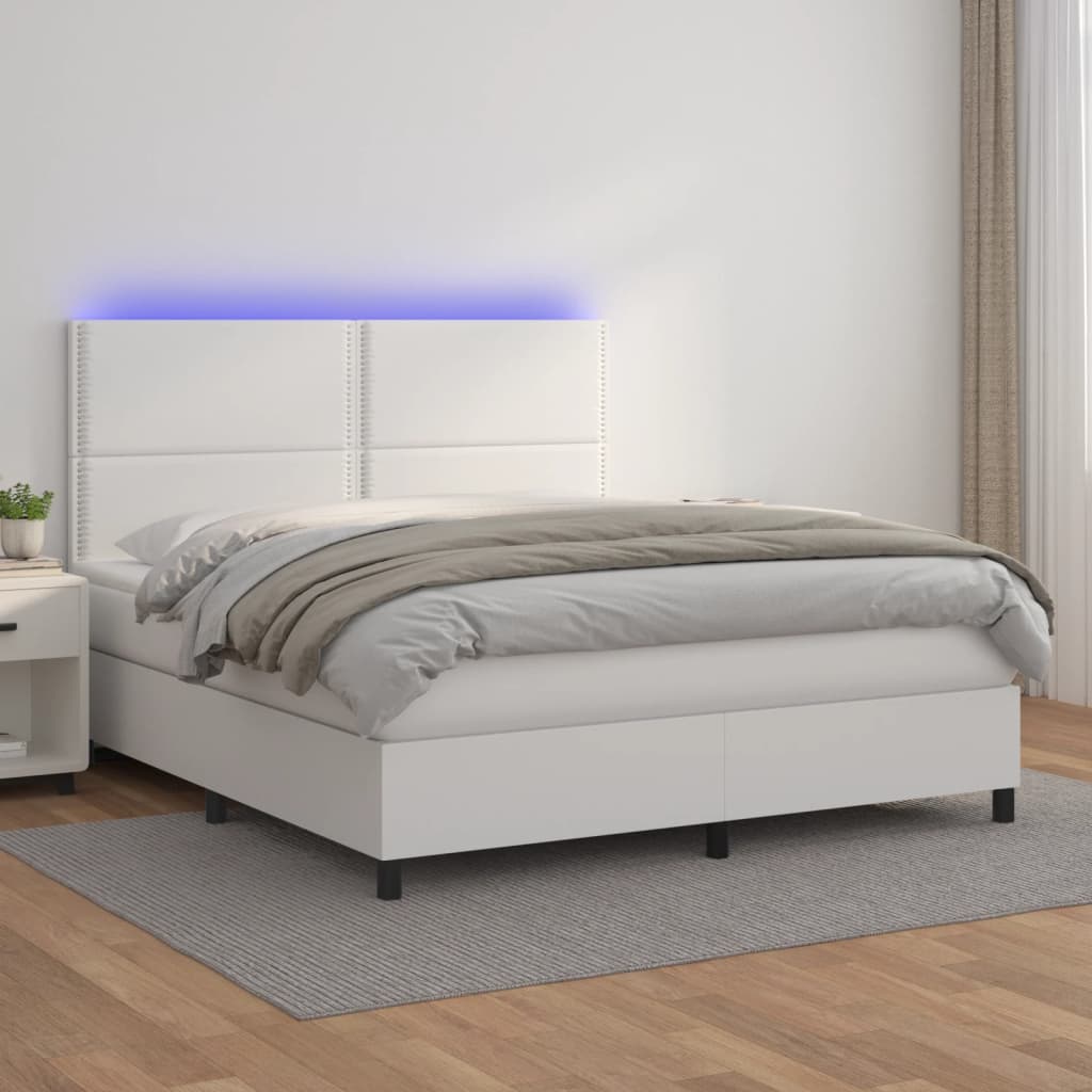 vidaXL Łóżko kontynentalne z materacem i LED, biała ekoskóra 180x200cm