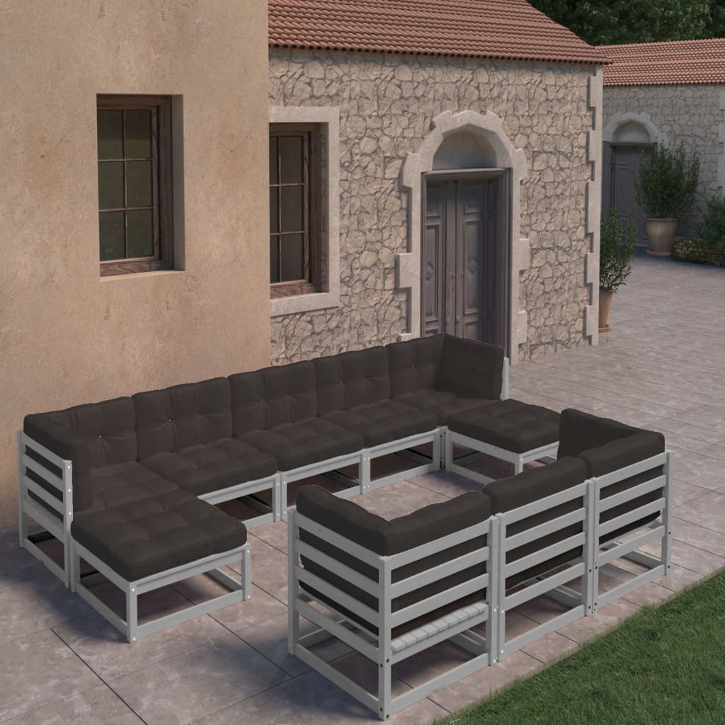 vidaXL 10-cz. zestaw wypoczynkowy do ogrodu, z poduszkami,szary, sosna