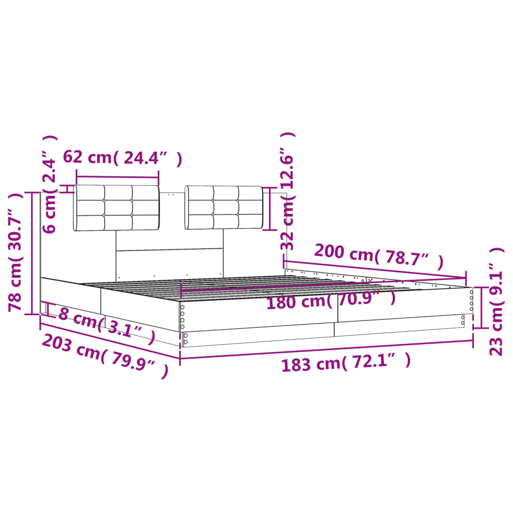 vidaXL Rama łóżka z wezgłowiem i LED, brązowy dąb, 180x200 cm