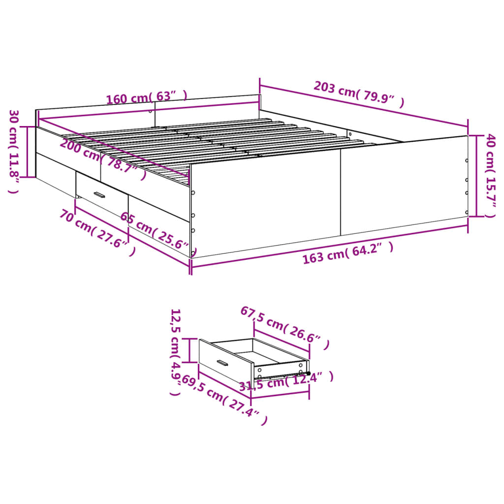 vidaXL Rama łóżka z szufladami, czarna, 160x200 cm