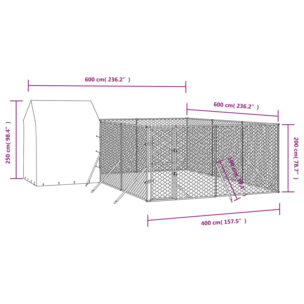 vidaXL Kojec dla psa, z dachem, srebrny, 6x6x2,5 m, stal galwanizowana