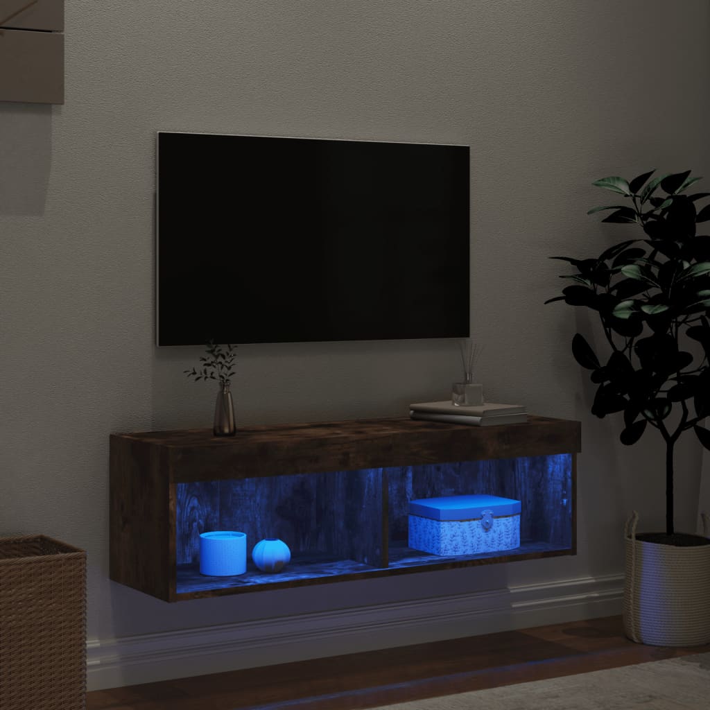 vidaXL Szafka pod TV z oświetleniem LED, przydymiony dąb, 100x30x30 cm