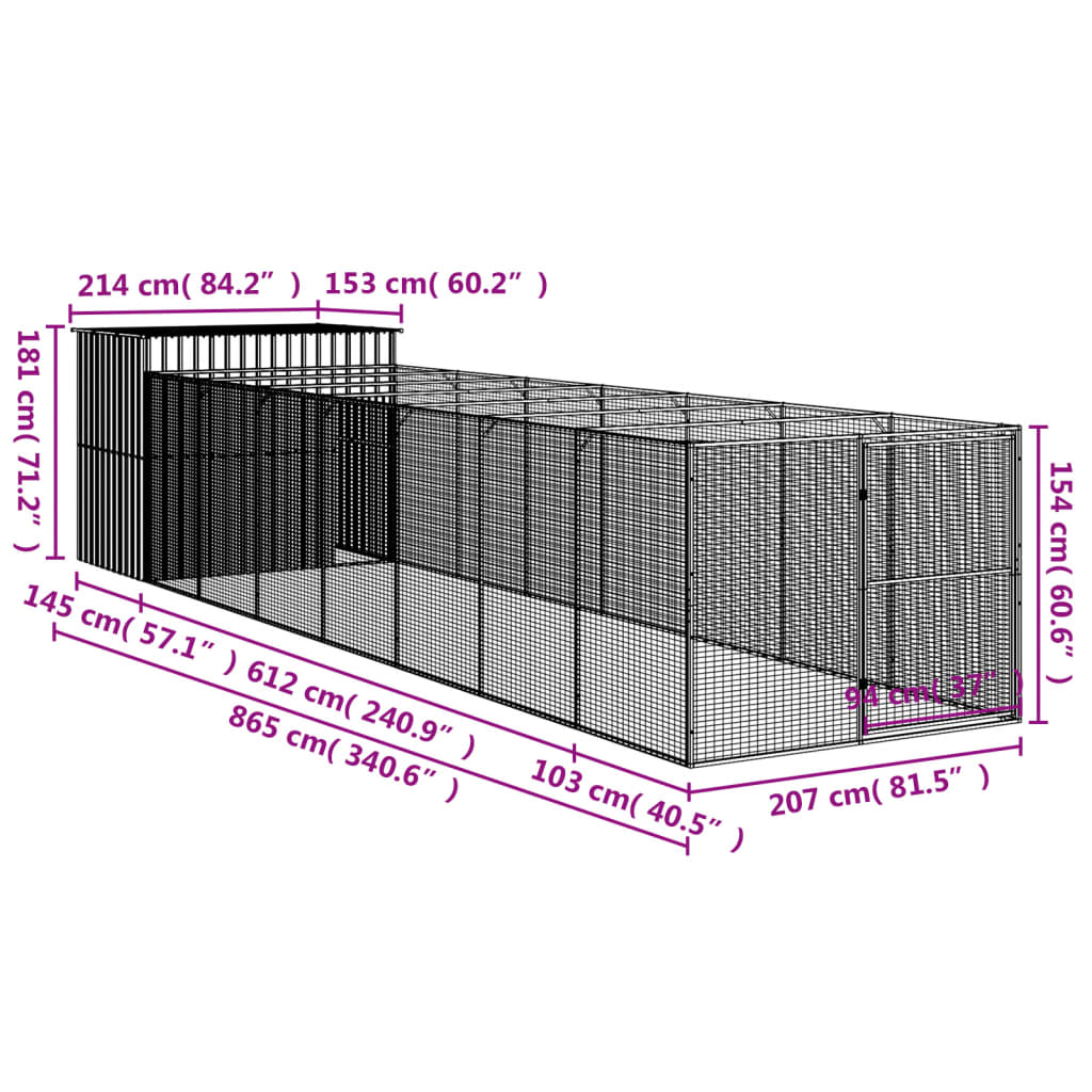 vidaXL Buda dla psa, z wybiegiem, antracytowa, 214x865x181 cm, stal