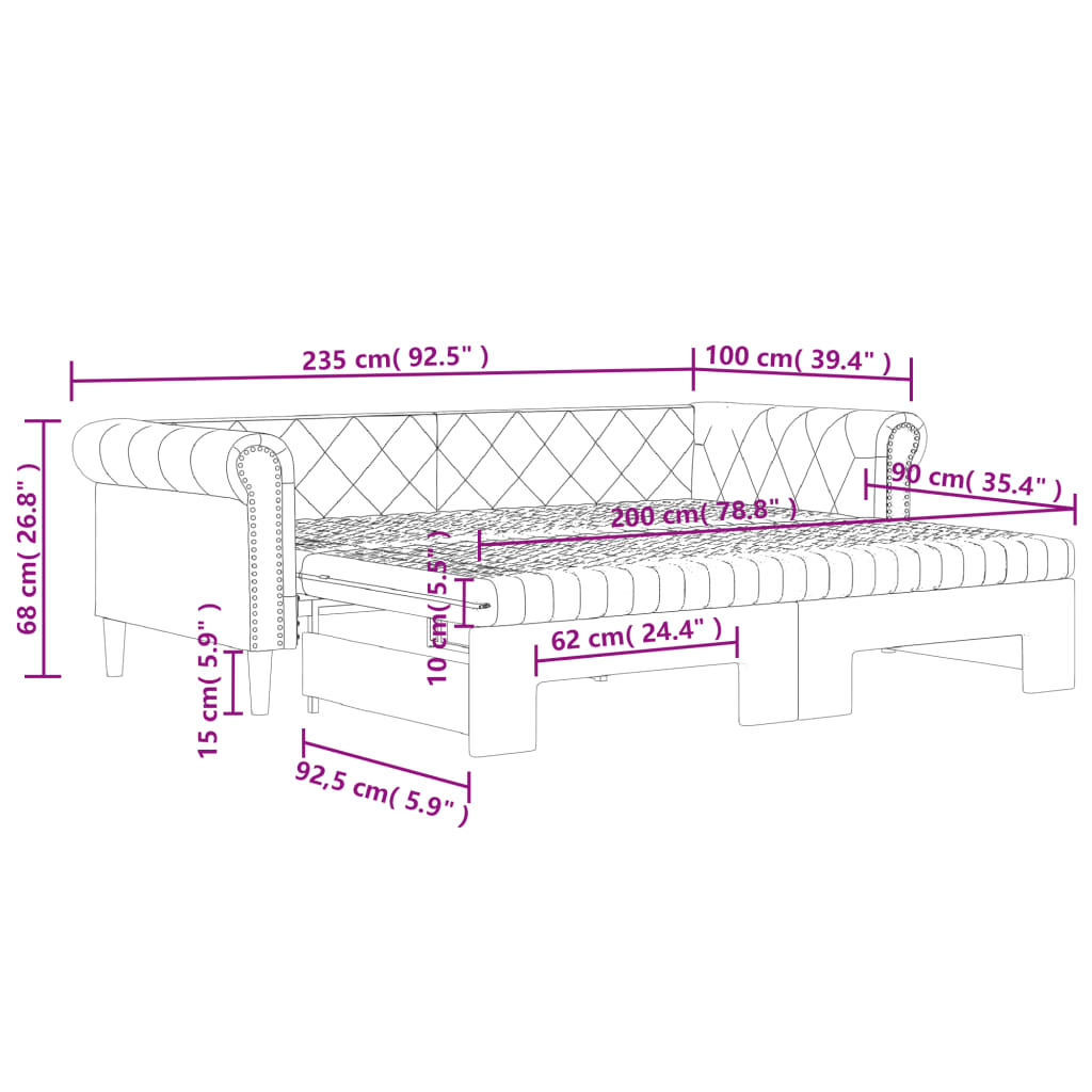 vidaXL Sofa rozsuwana z materacami, czarna, 90x200 cm, ekoskóra