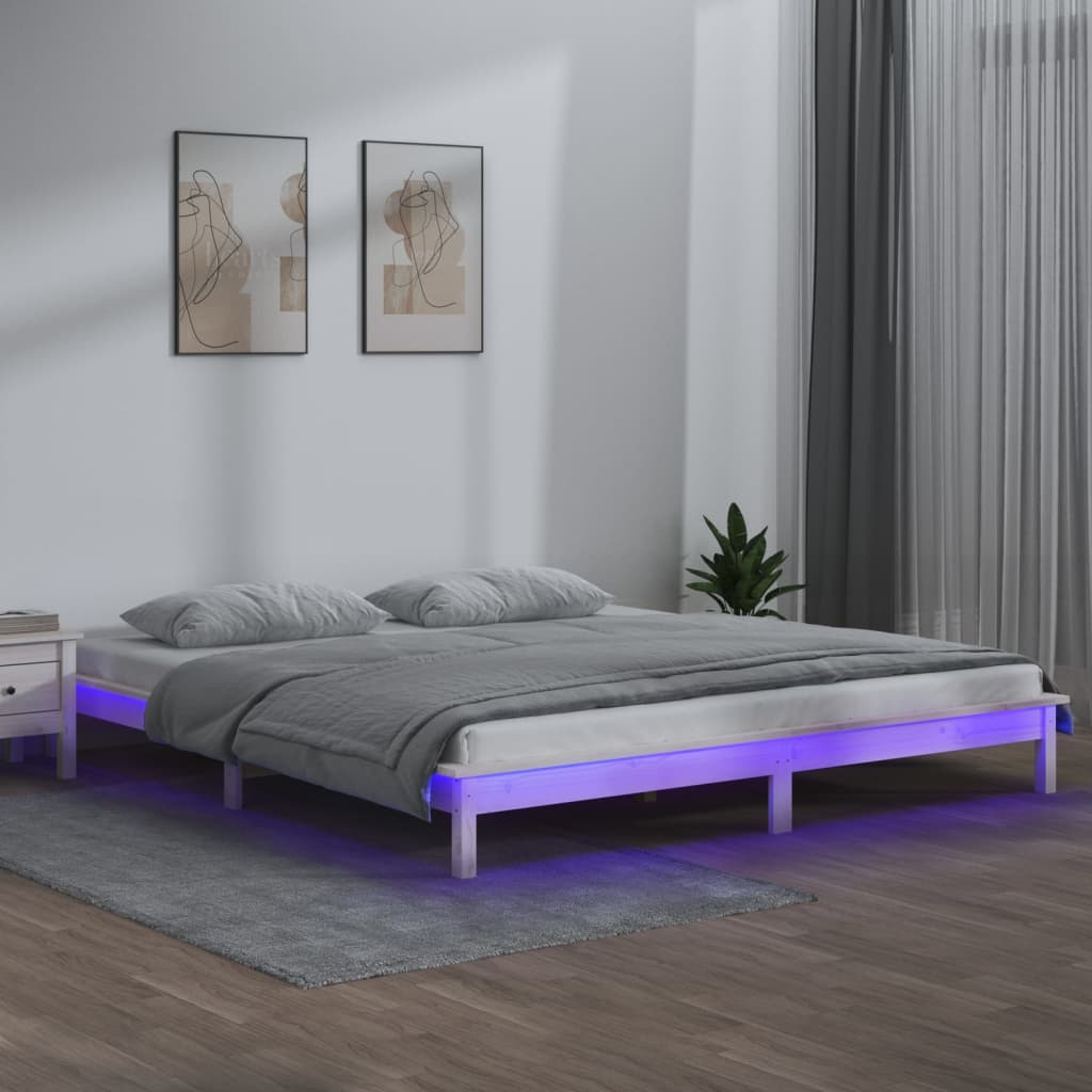 vidaXL Rama łóżka z LED, biała, 200x200 cm, lite drewno